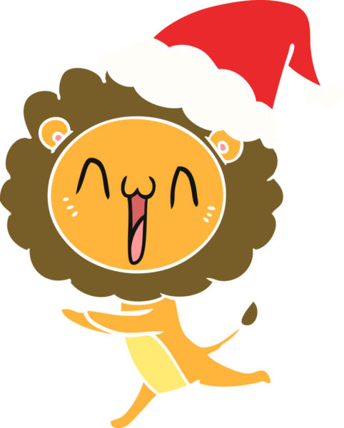 Bir insan tarafından çizilmiş Noel Baba şapkası takan bir aslanın düz renk çizimi.