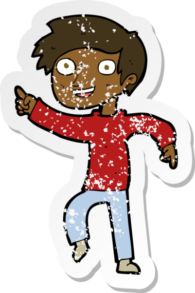 Bir insan tarafından çizilmiş mutlu çocuk çizgi filminin kederli retro yapıştırması.