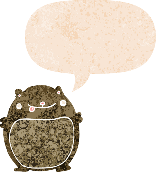 Bir insan tarafından çizilmiş grunge sıkıntılı retro biçimli konuşma balonu ile çizgi film ayısı