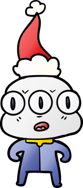 Bir insan tarafından çizilmiş Noel Baba şapkası giymiş üç gözlü bir uzaylının el çizimi karikatürü.