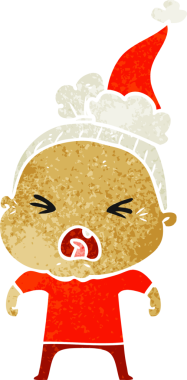 Bir insan tarafından çizilmiş Noel Baba şapkası giyen kızgın yaşlı bir kadının el çizimi karikatürü.
