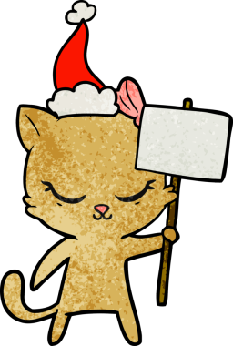 Bir insan tarafından çizilmiş Noel Baba şapkası takan kedi desenli bir çizgi film.