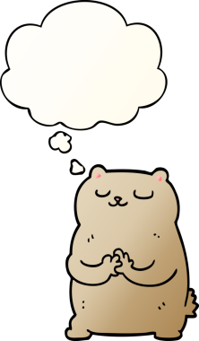 Bir insan tarafından çizilmiş yumuşak eğimli düşünce baloncuklu çizgi film ayısı.