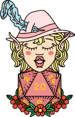 Retro Dövme Tarzı Elf karakteri Bir insan tarafından çizilmiş doğal yirmi zar ile