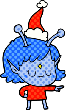 Bir insan tarafından çizilmiş Noel Baba şapkası giyen uzaylı bir kızın el çizimi çizgi roman tasviri.