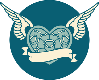 Bir insan tarafından çizilmiş çiçek ve bayrak ile uçan bir kalbin ikonik dövme görüntüsü