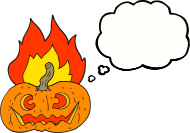 Serbest çizim düşünce baloncuğu karikatürü bir insan tarafından çizilmiş alevli Cadılar Bayramı balkabağı