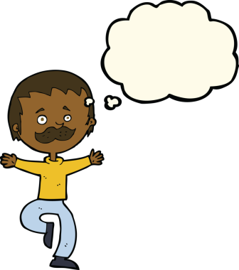 Bir insan tarafından çizilmiş düşünce baloncuklu bıyıklı çizgi film dansçısı.