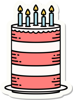 Bir insan tarafından çizilmiş geleneksel bir doğum günü pastası stili dövme çıkartması.