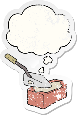 Düşünce baloncuklu tuğla döşeme bir insan tarafından çizilmiş yıpranmış bir çıkartma gibi.