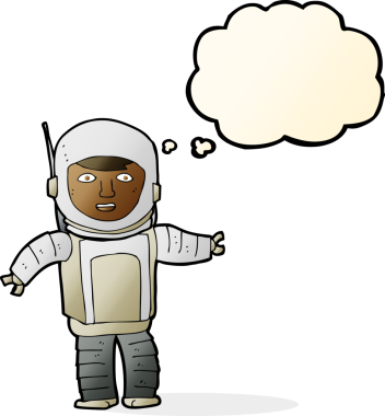 Bir insan tarafından çizilmiş düşünce baloncuklu astronot.