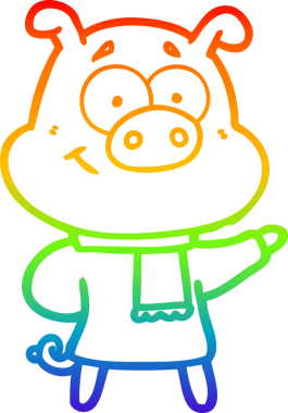 Gökkuşağı gradyan çizgisi çizimi mutlu çizgi film domuzu gökkuşağı kıyafetleri giymiş bir insan tarafından çizilmiş