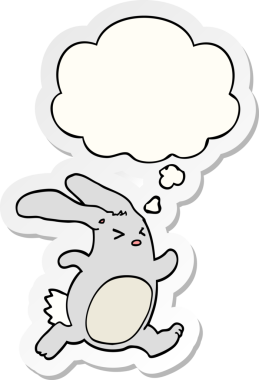 Düşünce baloncuklu çizgi film tavşanı insan tarafından çizilmiş bir çıkartma.