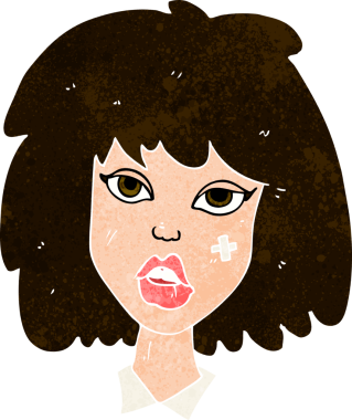 Bir insan tarafından çizilmiş yüzü morarmış bir çizgi film kadını.