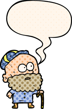 Bir insan tarafından çizilmiş çizgi roman tarzında konuşma baloncuğu olan bastonlu ve düz şapkalı yaşlı çizgi film adamı.