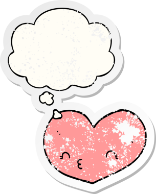 insan tarafından çizilmiş, yıpranmış bir çıkartma gibi yüzü ve düşünce baloncuğu olan çizgi film kalbi.