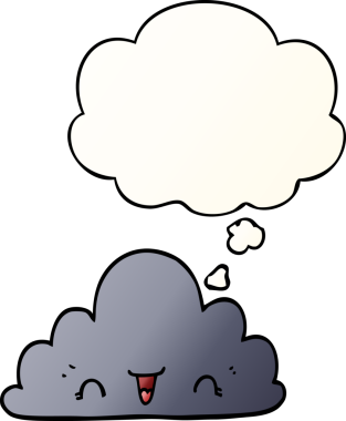 Düşünce baloncuğu olan sevimli çizgi film bulutu bir insan tarafından çizilmiş.