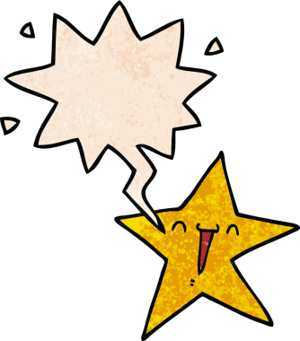 Bir insan tarafından çizilmiş eski tarz konuşma baloncuğu olan mutlu çizgi film yıldızı.