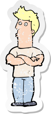 Bir insan tarafından çekilen kolları katlanmış bir çizgi film karakterinin gerilimli çıkartması.