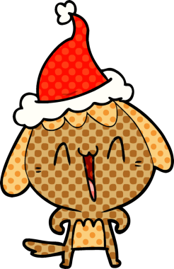 Bir insan tarafından çizilmiş Noel Baba şapkası takan bir köpeğin çizdiği çizgi roman çizimi.