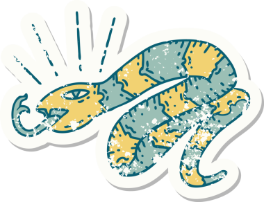 Bir insan tarafından çizilmiş eski bir dövme stili tıslayan yılan etiketi.