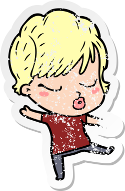 Bir insan tarafından çizilmiş gözleri olan karikatürlü bir kadının sıkıntılı çıkartması.