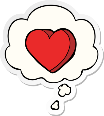 İnsan tarafından çizilmiş bir çıkartma gibi düşünce baloncuklu karikatür kalbi.