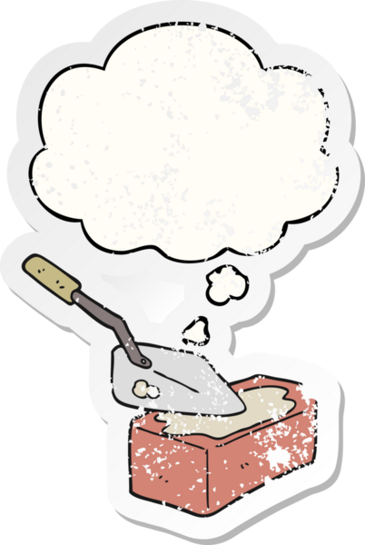 Düşünce baloncuklu tuğla döşeme bir insan tarafından çizilmiş yıpranmış bir çıkartma gibi.