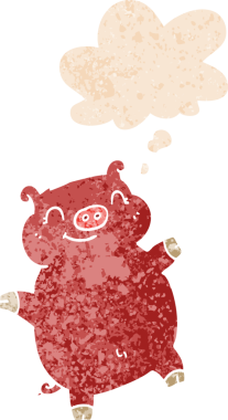 Homurdanan düşünce baloncuklu çizgi film domuzu bir insan tarafından çizilmiş dertli retro stili.