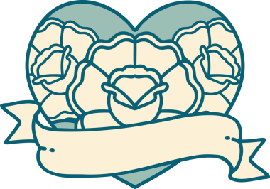 İkonik dövme stili bir kalp ve bir insan tarafından çizilmiş çiçekli pankart.