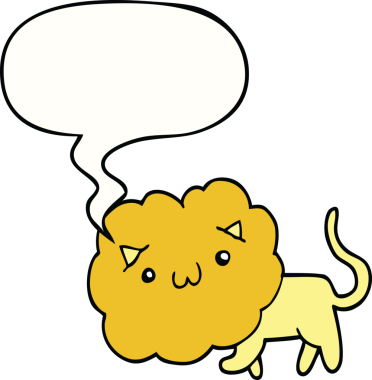 Bir insan tarafından çizilmiş konuşma balonlu çizgi film aslanı.
