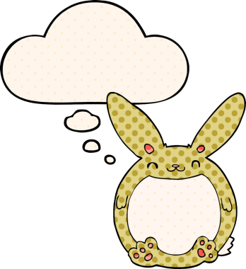 Çizgi roman tarzında bir insan tarafından çizilmiş düşünce kabarcığı olan çizgi film tavşanı.
