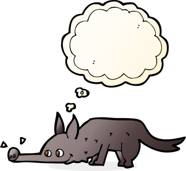 Bir insan tarafından çizilmiş düşünce baloncuğuyla yerde gezinen çizgi film köpeği.