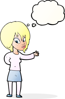 Bir insan tarafından çizilmiş düşünce baloncuğuyla hoş geldin jestleri yapan çizgi film kadını.