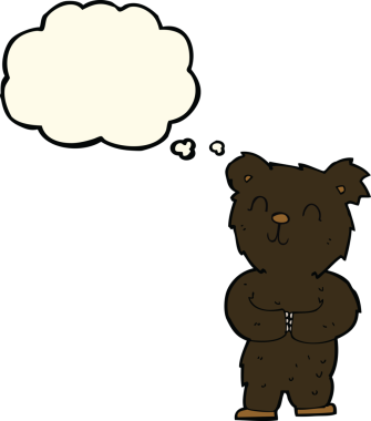 Bir insan tarafından çizilmiş düşünce baloncuğu olan mutlu küçük siyah ayı.