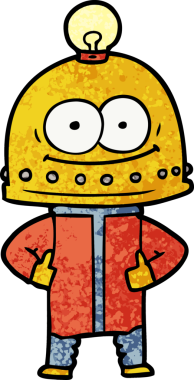 Bir insan tarafından çizilmiş ampullü mutlu karton robot.