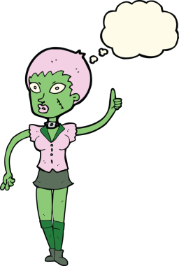 Bir insan tarafından çizilmiş düşünce balonlu cadılar bayramı kızı.