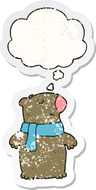 Düşünce baloncuğu olan çizgi film ayısı bir insan tarafından çizilmiş yıpranmış bir çıkartma.