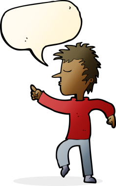 Bir insan tarafından çizilmiş bir konuşma balonuyla işaret eden çizgi film adamı.