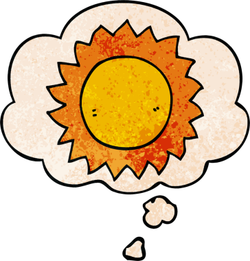 Bir insan tarafından çizilmiş grunge desenli düşünce baloncuklu çizgi film güneşi.