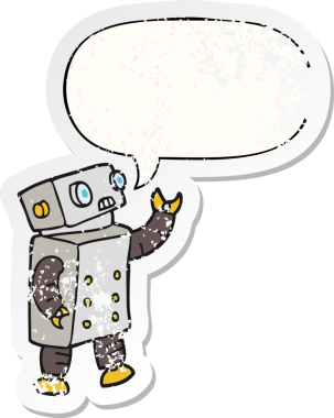 Konuşma baloncuğu olan karikatür robotu bir insan tarafından çizilmiş sıkıntılı eski bir çıkartma