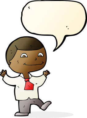 Bir insan tarafından çizilmiş konuşma balonu olan mutlu bir çocuk.