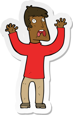 Çizgi film çıkartması. Bir insan tarafından çizilmiş korkmuş bir adam.