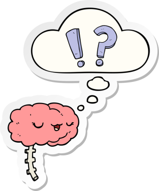 Düşünce baloncuklu çizgi film meraklısı beyin, insan tarafından çizilmiş bir çıkartma gibi.