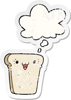 Düşünce baloncuklu bir ekmek dilimi insan tarafından çizilmiş yıpranmış bir çıkartma gibi.