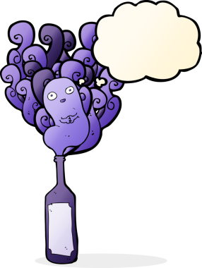 Şişede bir insan tarafından çizilmiş düşünce baloncuğu olan karikatür hayaleti.