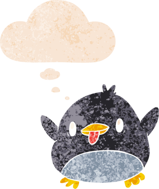 Homurdanan düşünce baloncuğu olan sevimli penguen dertli eski moda bir insan tarafından çizilmiş.