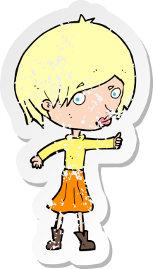 Bir insan tarafından çizilmiş kaşlarını kaldıran karikatürlü bir kadının retro sıkıntılı çıkartması.