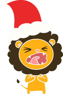 Bir insan tarafından çizilmiş Noel Baba şapkası takan bir aslanın düz renkli çizimi.