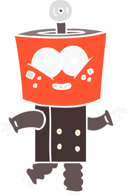 Mutlu düz renkli çizgi film robotu bir insan tarafından çizilmiş.